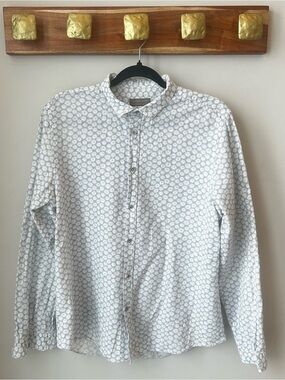 Zara Man Large Slim Fit Floral Button Down Shirt Grey White Daisy Print